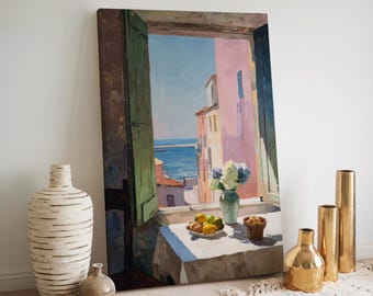 Coastal Painting Print Ocean Window View Art Lemon Still Life Painting Beach House Decor Summer Kitchen Print Mediterranean Floral Artwork