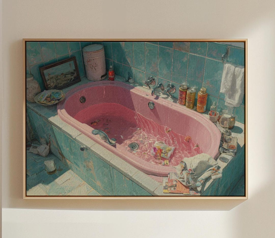 Pink Bathtub Painting Print | Vintage Bathroom Decor | Shabby Chic ...
