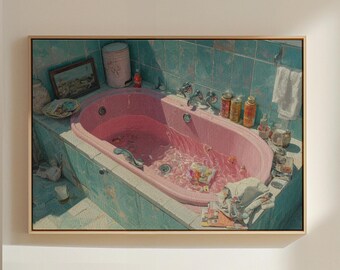 Pink Bathtub Painting Print | Vintage Bathroom Decor | Shabby Chic Bathroom Wall Art | Pastel Bathroom Poster | Messy Bathroom Aesthetic Art