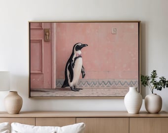 Penguin Bathroom Wall Art Print, Funny Penguin Painting, Whimsical Animal in Vintage Powder Room Art, Charming Bathroom Wall Decor