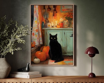 May include: A framed painting depicts a black cat with yellow eyes, seated in front of a light blue cabinet. Two orange pumpkins and a white pumpkin are in front of the cat. The background shows a kitchen scene with candles and flowers.
