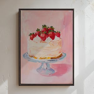 Strawberry Cake Painting Print Wall Art | Pink Dessert Art | Sweet Treat Art| Pastel Kitchen Decor | Pink Aesthetic | Baking Lover Gift
