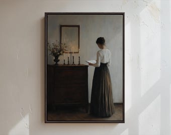 Moody Vintage Woman Reading Art Print | Antique Book Lover Wall Art | Library or Study Decor | Elegant Old World Painting Style for Home