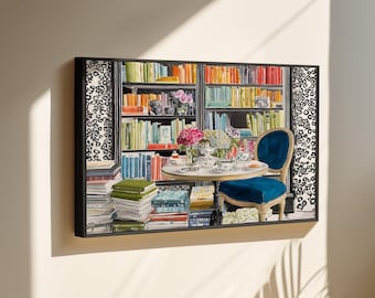 Bookshelf Oil Painting Print Wall Art, Cozy Library Reading Corner Teacup Flowers Chair Art Print, Book Lovers Home Decor Vintage Style Art