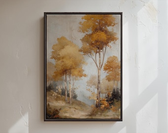 Autumn Tree Wall Art Print, Fall Landscape Painting, Rustic Nature Art, Cozy Fall Decor, Soft Toned Autumn Forest Painting for Living Room