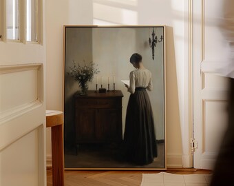 Moody Vintage Woman Reading Art Print | Antique Book Lover Wall Art | Library or Study Decor | Elegant Old World Painting Style for Home