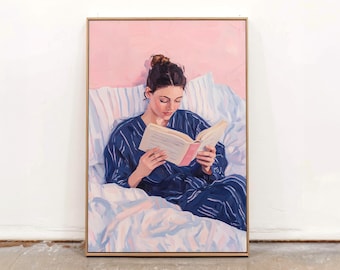 Woman Relaxing Art Print | Girl Reading in Bed Art | Relaxing Artwork | Self Care Art Print | Cozy Vibes Illustration | Dreamy Feminine Art