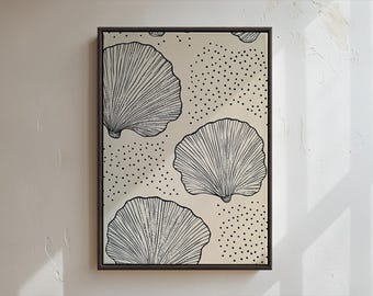 May include: A rectangular wall art piece in a dark frame featuring a cream-colored background with black line-art illustrations of three fan-shaped seashells and clusters of small black dots arranged in a repeating pattern across the surface.