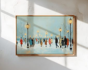 Winter Ice Skating Scene Art Print, Snowy Park Painting, Impressionist Winter Landscape Art, Cozy Holiday Home Decor, Christmas Gift Art