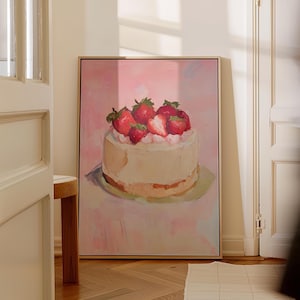 Strawberry Cake Painting Print Wall Art | Pink Dessert Art | Sweet Treat Art| Pastel Kitchen Decor | Pink Aesthetic | Baking Lover Gift