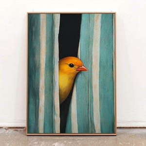 Arte mural de pájaro canario amarillo vibrante / Impresión de pintura de cortina de rayas peculiares / Impresión de pájaro colorido y atrevido para amantes de la naturaleza / Decoración única para el hogar