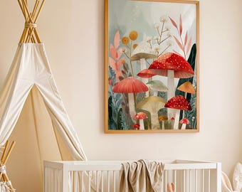 Whimsical Mushroom House Painting Print, Watercolor Enchanted Forest Wall Art, Cottagecore Fantasy Woodland Decor, Fairy Tale Home Decor