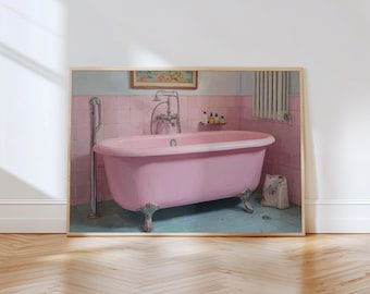 Pink Bathtub Painting Print | Vintage Bathroom Decor | Shabby Chic Bathroom Wall Art | Pastel Bathroom Poster | Bathroom Aesthetic Print