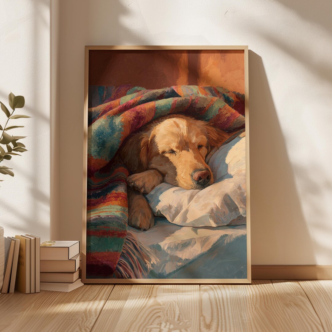 Golden Retriever Wall Art Print, Sleeping Dog Painting, Cozy Pet ...