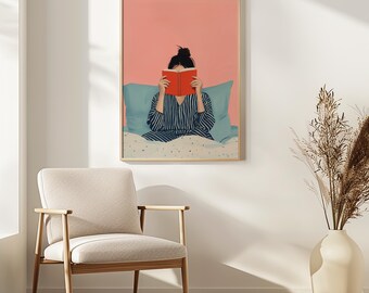 Woman Relaxing Art Print | Girl Reading in Bed Art | Relaxing Artwork | Self Care Art Print | Cozy Vibes Illustration | Dreamy Feminine Art