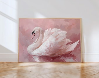 White Swan Painting Print, Pink Swan Wall Art, Romantic Bird Wall Decor, Swan Canvas Wall Art, Bird Lovers Art, Whimsical Swan Artwork