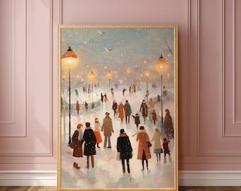 Winter Ice Skating Scene Art Print, Snowy Park Painting, Impressionist Winter Landscape Art, Cozy Holiday Home Decor, Christmas Gift Art