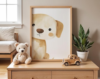 May include: A framed watercolor painting of a light brown puppy with big brown eyes. The puppy is looking directly at the viewer. The painting is on a light wood shelf with a wooden toy car and a potted plant.