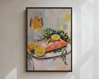 Salmon Dinner Painting Print | Wine and Salmon Art | Gourmet Wall Art | Fine Dining Artwork | Elegant Food Painting | Modern Kitchen Decor