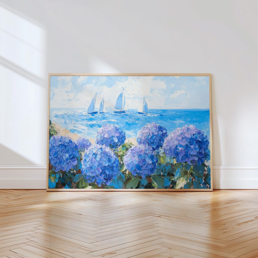Floral Painting Print Wall Art | Blue Hydrangea Wall Decor | Seaside ...