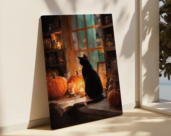 May include: A canvas print depicts a black cat silhouetted against a window, gazing out at a night scene. Pumpkins and lit candles sit on a table in front of the window. The artwork has a warm, autumnal color palette.