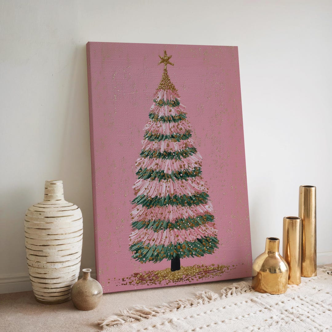 Pink Christmas Tree Print, Pastel Pink Christmas Art With Gold Glitter ...