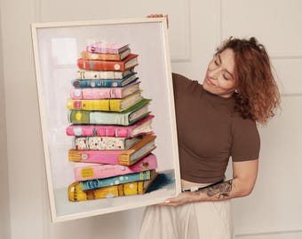 Colorful Stack Of Books Print, Whimsical Library Decor, Playful Reading Themed Art, Kids Room And Nursery Art, Bright Pastel Book Lover Gift