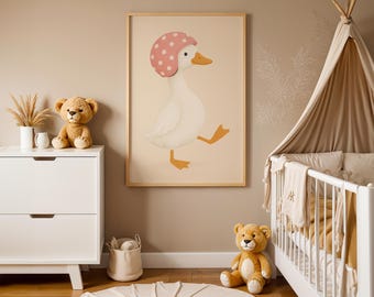 Goose Nursery Wall Art | Pink Helmet Goose Art Print | Whimsical Animal Art | Baby Animal Art | Trendy Print for Kid | Kids Wall Art Gift