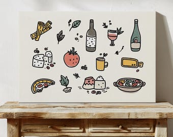 Cute Food Wall Art Print, Hand Drawn Style Kitchen Print with Wine, Cheese, Pasta, Tomato, Pizza and Dessert, Whimsical Italian Cuisine Art
