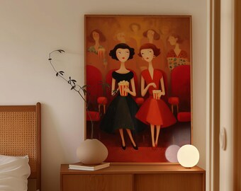 Quirky Cinema Girls Art Print, Whimsical Movie Theater Painting, Funny Popcorn Night Artwork, Retro Figurative Art, Playful Mid Century Art