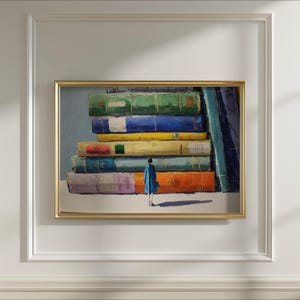 May include: An oil painting in a gold frame depicts a towering stack of colorful books. A figure in a blue coat stands before the books. The books are in shades of green, blue, yellow, orange, and purple.