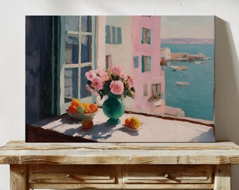 Coastal Painting Print Ocean Window View Art Lemon Still Life Painting Beach House Decor Summer Kitchen Print Mediterranean Floral Artwork