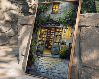 Cozy Bookstore Painting Print | Vintage Bookshop Wall Art | Sunny Library Wall Decor | Literary Art | Garden Bookshop Art | Book Lover Gift