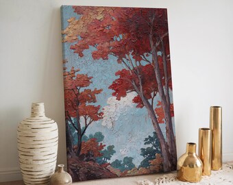 Autumn Tree Wall Art Print, Fall Landscape Painting, Rustic Nature Art, Cozy Fall Decor, Warm Toned Autumn Forest Painting for Living Room