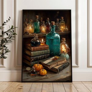 Witchy Potion Bottles Vintage Books Art Print, Dark Academia Autumn Still Life, Rustic Candlelight Home Decor, Cozy Witchcore Aesthetic Gift