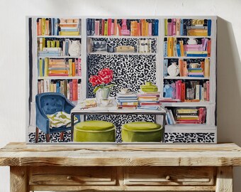 Bookshelf Oil Painting Print Wall Art, Cozy Library Reading Corner Teacup Flowers Chair Art Print, Book Lovers Home Decor Vintage Style Art