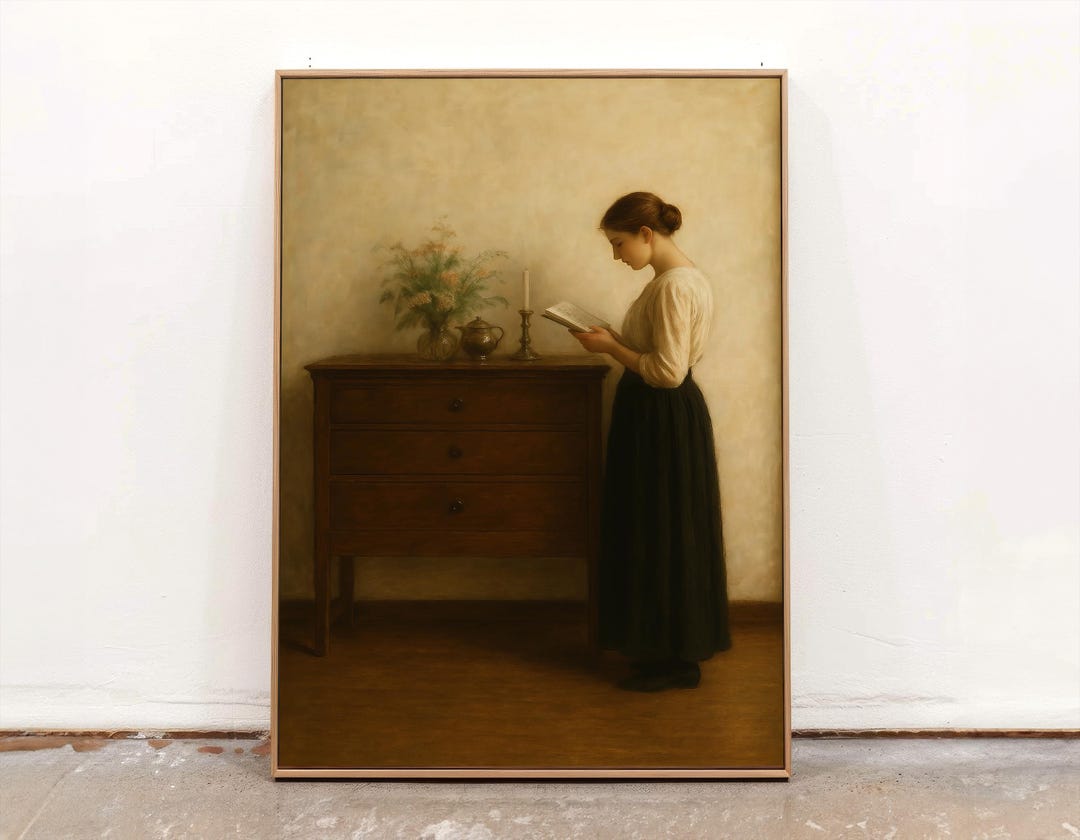 Moody Vintage Woman Reading Art Print | Antique Book Lover Wall Art ...
