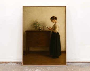 Moody Vintage Woman Reading Art Print | Antique Book Lover Wall Art | Library or Study Decor | Elegant Old World Painting Style for Home