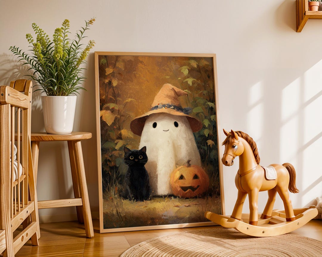 Cute Ghost and Black Cat Halloween Wall Art Print, Pumpkin Witch Hat ...