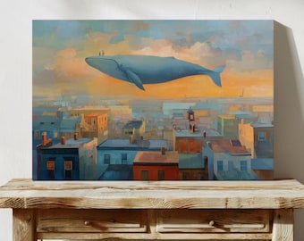 Surreal Cityscape Whale Art Print, Dreamy Floating Whale Painting, Vintage Rooftop Art, Fantasy Wall Art for Living Room or Bedroom Décor