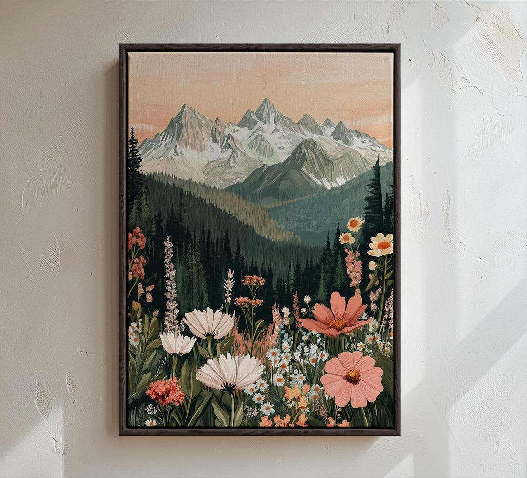 Wildflower Painting Print | Mountain Landscape Wall Decor | Meadow Art ...