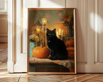 May include: A framed painting depicts a black cat seated on a table with pumpkins, candles, and flowers. The artwork has a vintage aesthetic, with a warm color palette and a focus on Halloween themes.