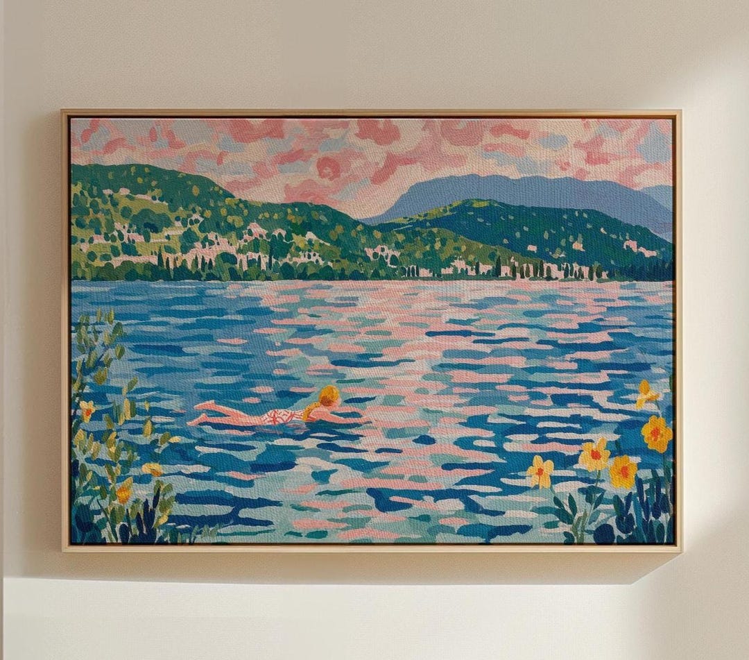 Lake Swimming Wall Art Print, Summer Landscape Painting, Impressionist ...