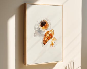Watercolor Food Painting Print | Croissant and Coffee Painting | Breakfast Wall Art | Cozy Morning Wall Decor | Minimalist Kitchen Decor