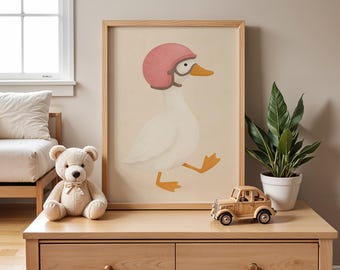 Goose Nursery Wall Art | Pink Helmet Goose Art Print | Whimsical Animal Art | Baby Animal Art | Trendy Print for Kid | Kids Wall Art Gift