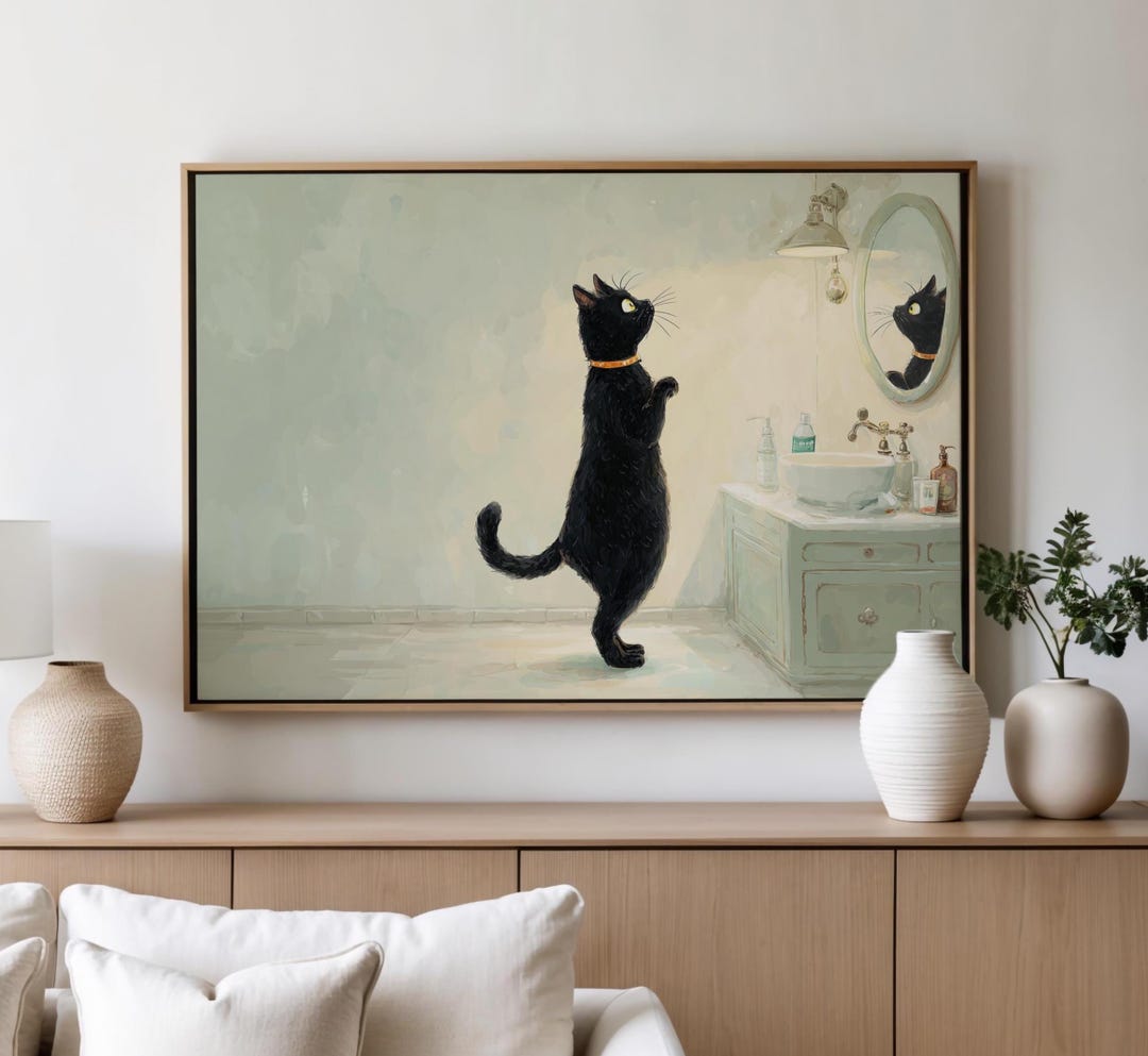 Black Cat Bathroom Wall Art Print, Funny Cat Painting, Whimsical Powder ...