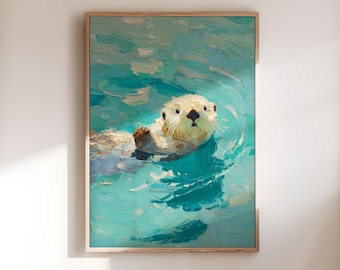Cute Otter Painting Print, Sea Otter in Ocean, Coastal Animal Decor, Marine Life Wall Art, Nautical Ocean Wildlife Art for Beach House