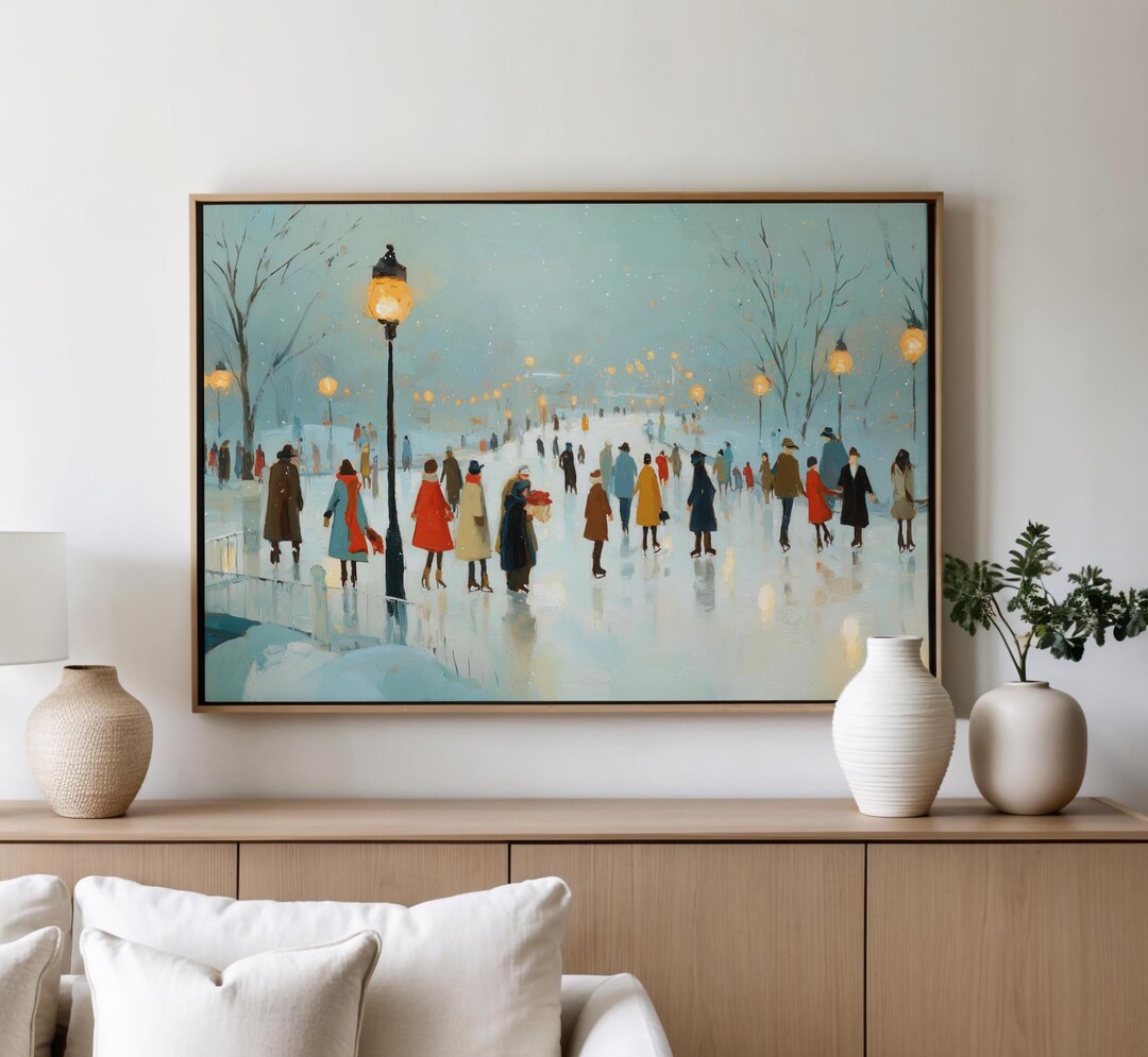 Winter Ice Skating Scene Art Print, Snowy Park Painting, Impressionist ...