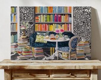 Bookshelf Oil Painting Print Wall Art, Cozy Library Reading Corner Teacup Flowers Chair Art Print, Book Lovers Home Decor Vintage Style Art
