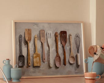 Kitchen Wall Art Print | Rustic Kitchen Decor | Cooking Utensils Painting | Culinary Wall Decor | Foodie Wall Art | Cozy Kitchen Style Art